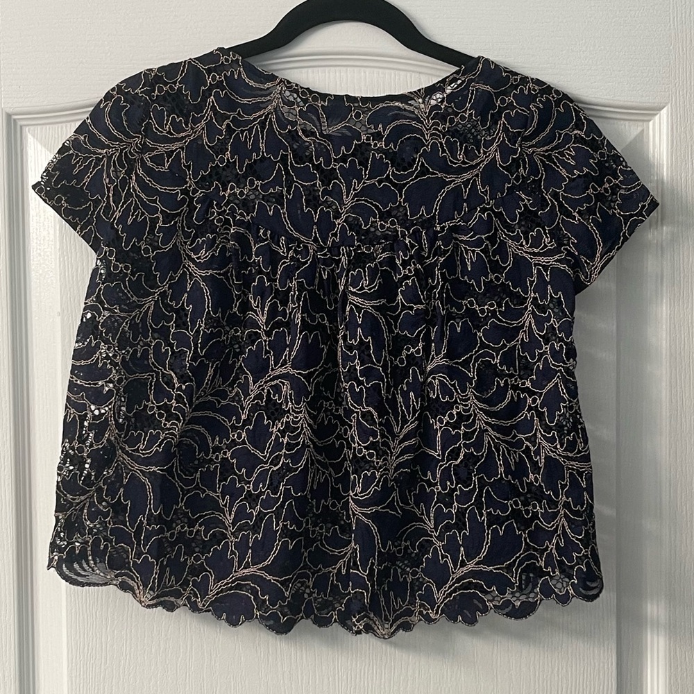 Zara Basics Collection Navy Blue Lace Short Sleeve Sheer Top - Picture 4 of 5